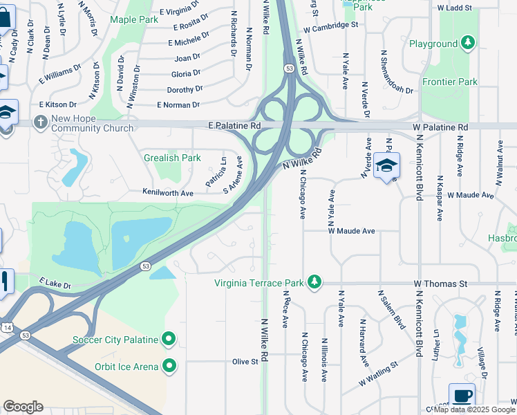 map of restaurants, bars, coffee shops, grocery stores, and more near 202 South Lancelot Lane in Palatine