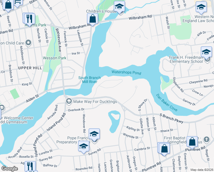 map of restaurants, bars, coffee shops, grocery stores, and more near 221 Pondview Drive in Springfield
