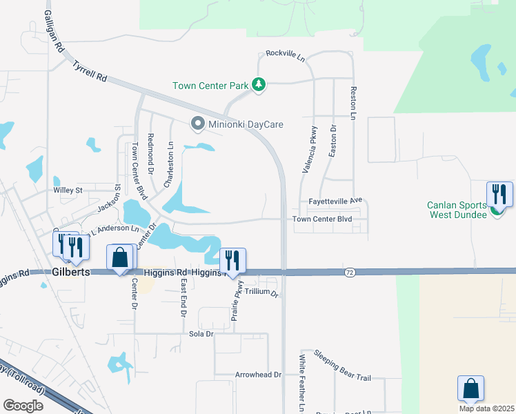 map of restaurants, bars, coffee shops, grocery stores, and more near 113 Stamford Court in Gilberts