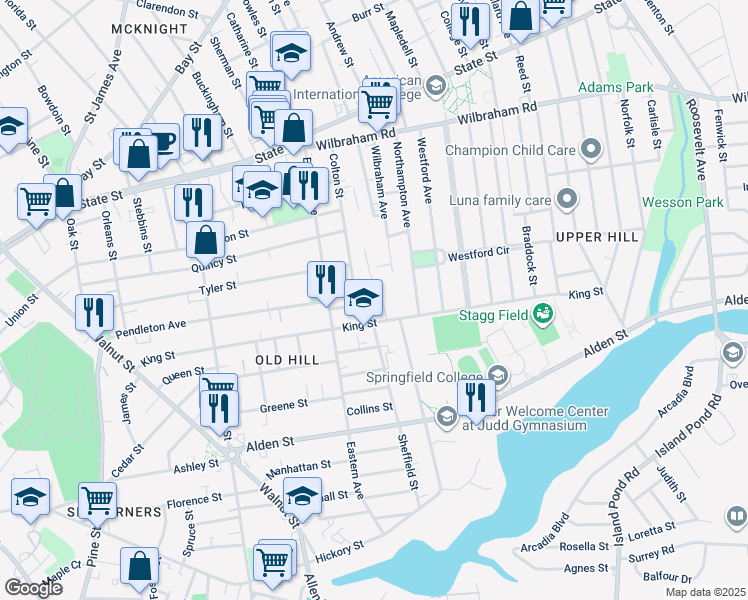 map of restaurants, bars, coffee shops, grocery stores, and more near 50 Chapel Street in Springfield