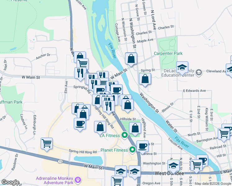 map of restaurants, bars, coffee shops, grocery stores, and more near 51 South Lincoln Avenue in Carpentersville
