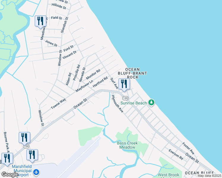 map of restaurants, bars, coffee shops, grocery stores, and more near 930 Ocean Street in Marshfield