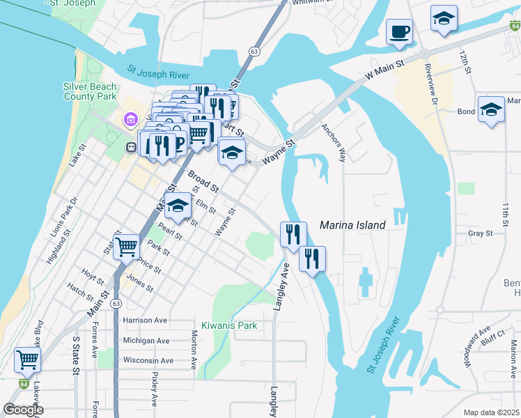 map of restaurants, bars, coffee shops, grocery stores, and more near 1101 Broad Street in St. Joseph