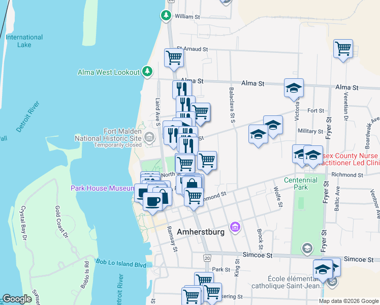 map of restaurants, bars, coffee shops, grocery stores, and more near 143 Sandwich Street South in Amherstburg