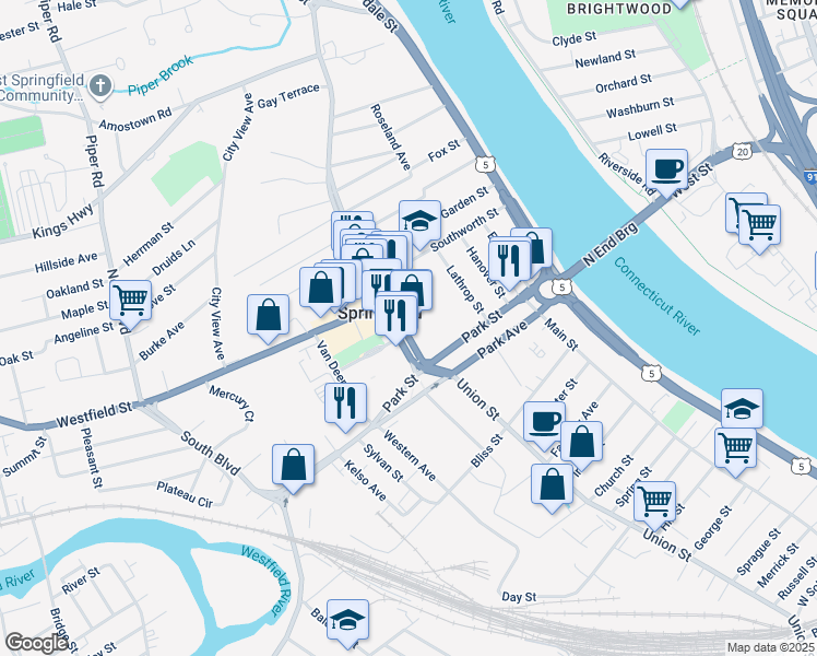 map of restaurants, bars, coffee shops, grocery stores, and more near 88 Elm Street in West Springfield