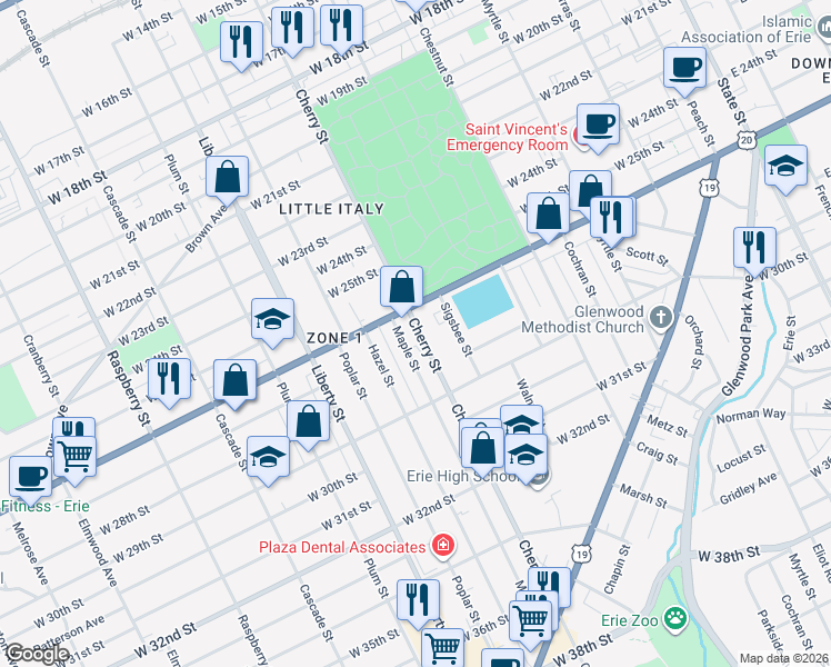 map of restaurants, bars, coffee shops, grocery stores, and more near 2622 Cherry Street in Erie
