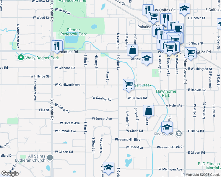 map of restaurants, bars, coffee shops, grocery stores, and more near 429 West Kenilworth Avenue in Palatine