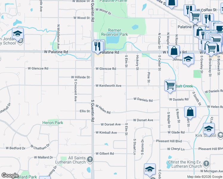 map of restaurants, bars, coffee shops, grocery stores, and more near 651 West Kenilworth Avenue in Palatine