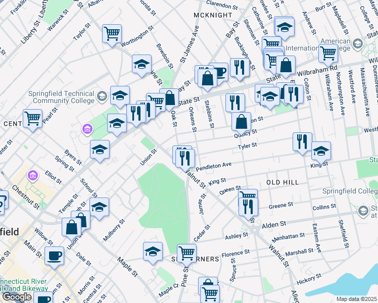 map of restaurants, bars, coffee shops, grocery stores, and more near 131 Orleans Street in Springfield