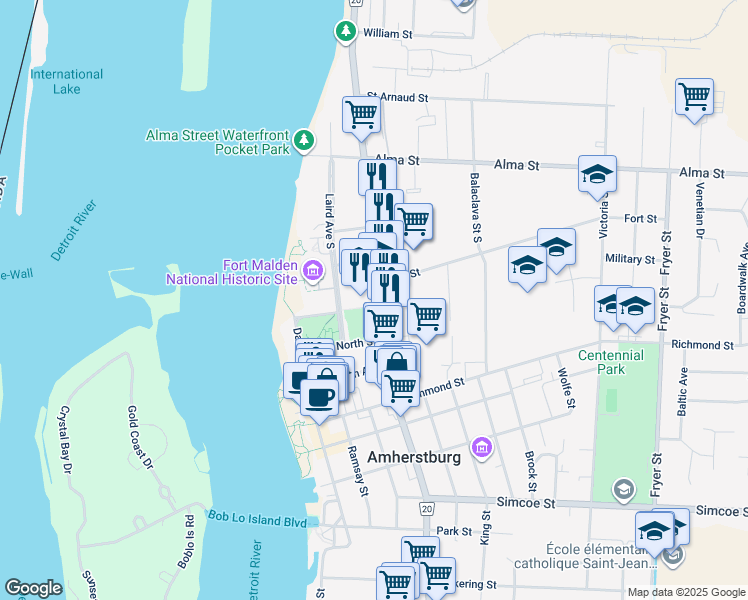 map of restaurants, bars, coffee shops, grocery stores, and more near 130 Essex County Road 20 in Amherstburg