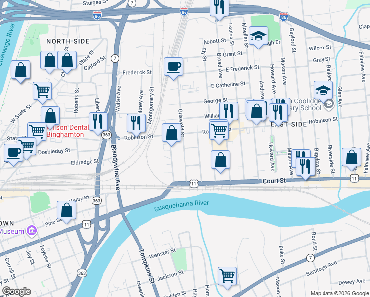 map of restaurants, bars, coffee shops, grocery stores, and more near 2 Gold Street in Binghamton