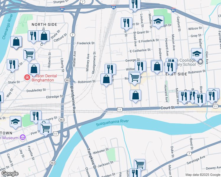map of restaurants, bars, coffee shops, grocery stores, and more near 27 Griswold Street in Binghamton