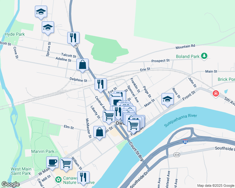 map of restaurants, bars, coffee shops, grocery stores, and more near 91 Chestnut St in Owego