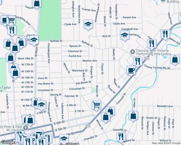 map of restaurants, bars, coffee shops, grocery stores, and more near 79 Sturges Street in Jamestown