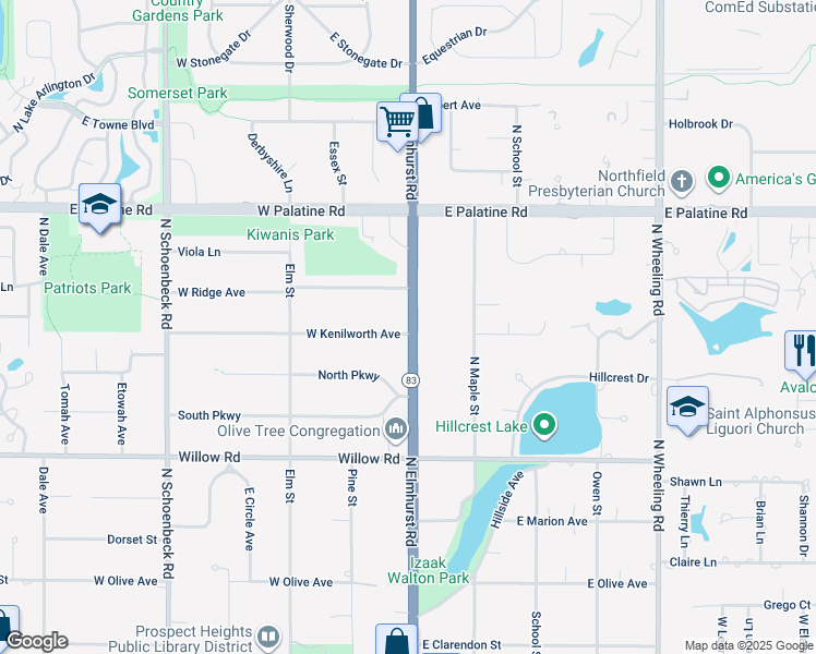 map of restaurants, bars, coffee shops, grocery stores, and more near 600 North Elmhurst Road in Prospect Heights