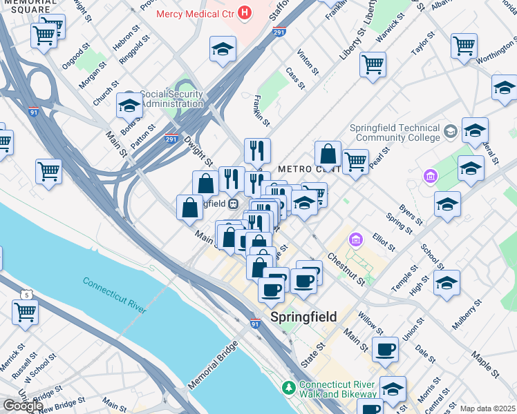 map of restaurants, bars, coffee shops, grocery stores, and more near 459 Dwight Street in Springfield