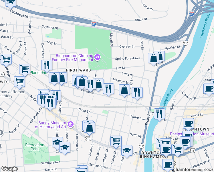 map of restaurants, bars, coffee shops, grocery stores, and more near 78 Dickinson Street in Binghamton