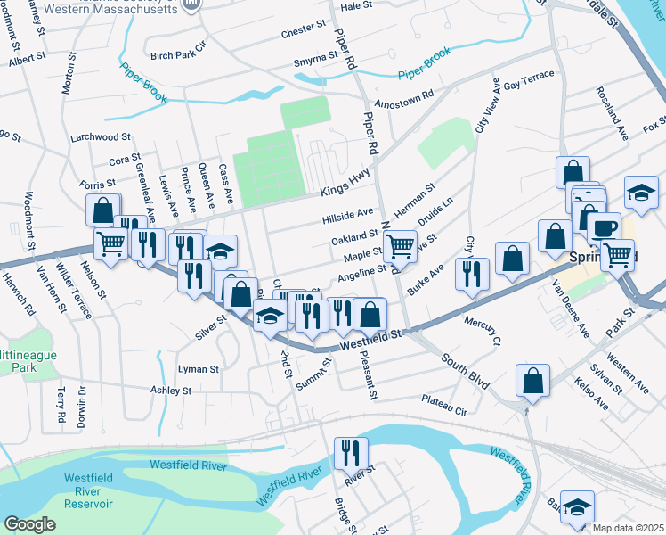 map of restaurants, bars, coffee shops, grocery stores, and more near 71 Maple Street in West Springfield