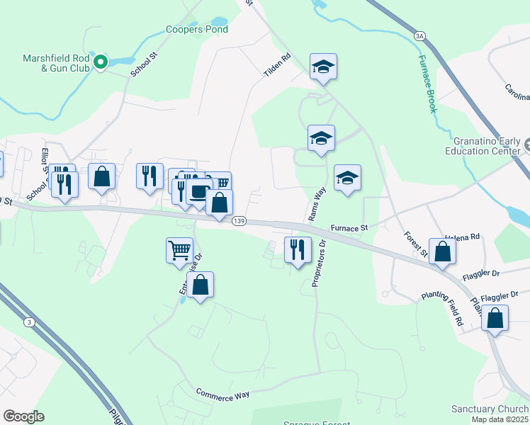 map of restaurants, bars, coffee shops, grocery stores, and more near 658 Plain Street in Marshfield