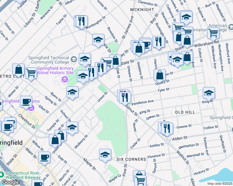 map of restaurants, bars, coffee shops, grocery stores, and more near 81 Walnut Street in Springfield