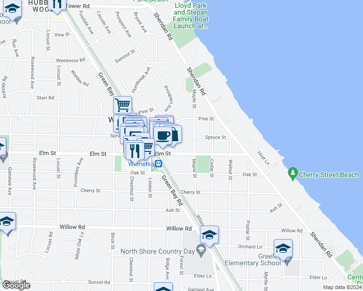 map of restaurants, bars, coffee shops, grocery stores, and more near 559 Arbor Vitae Road in Winnetka