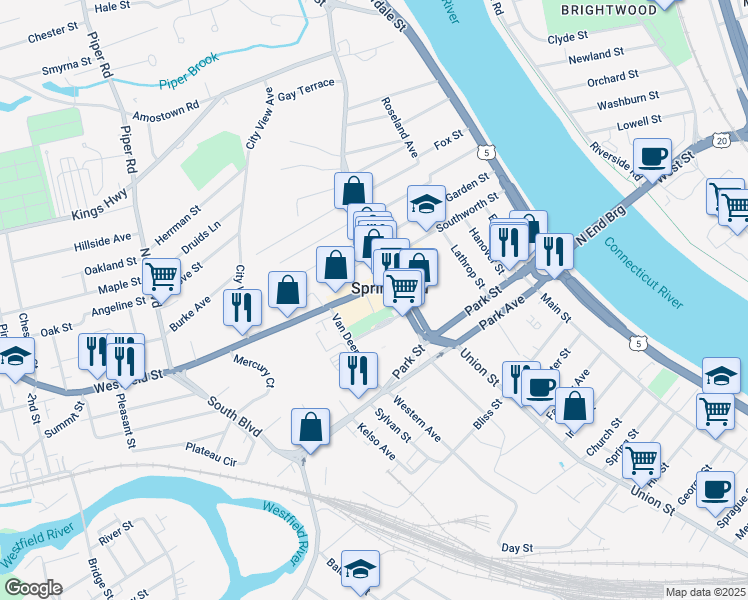 map of restaurants, bars, coffee shops, grocery stores, and more near 43 Westfield Street in West Springfield