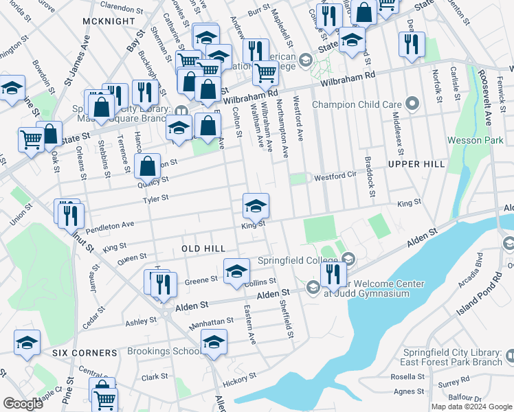 map of restaurants, bars, coffee shops, grocery stores, and more near 50 Chapel Street in Springfield