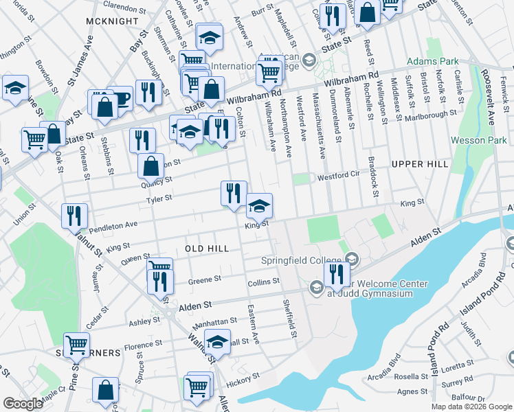 map of restaurants, bars, coffee shops, grocery stores, and more near 50 Chapel Street in Springfield