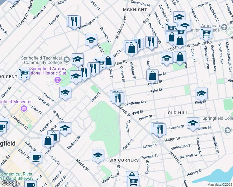 map of restaurants, bars, coffee shops, grocery stores, and more near 131 Orleans Street in Springfield