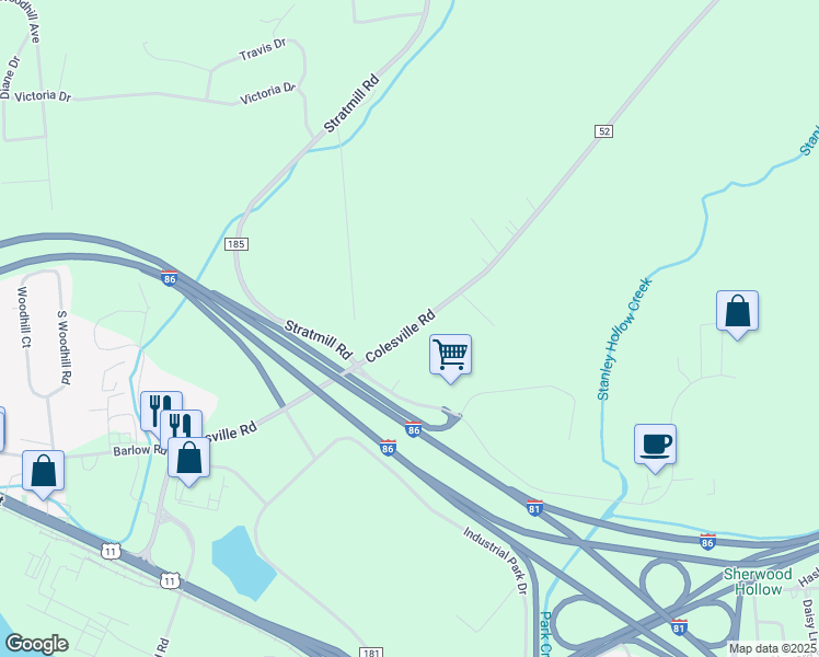 map of restaurants, bars, coffee shops, grocery stores, and more near 166 Colesville Road in Binghamton