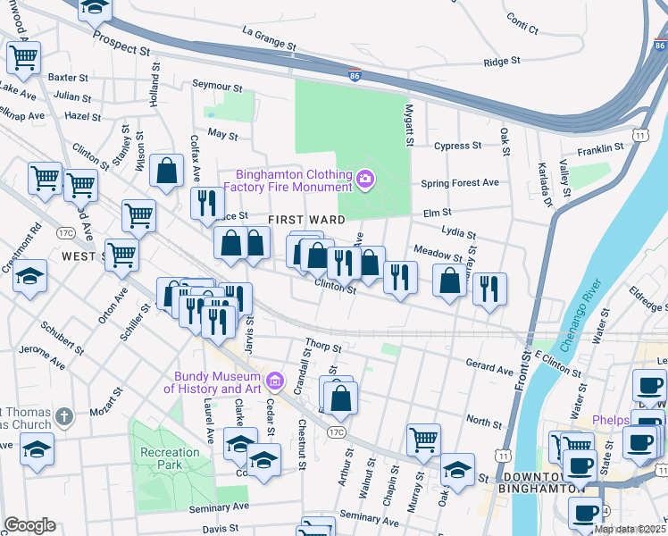 map of restaurants, bars, coffee shops, grocery stores, and more near 1 Phelps Street in Binghamton