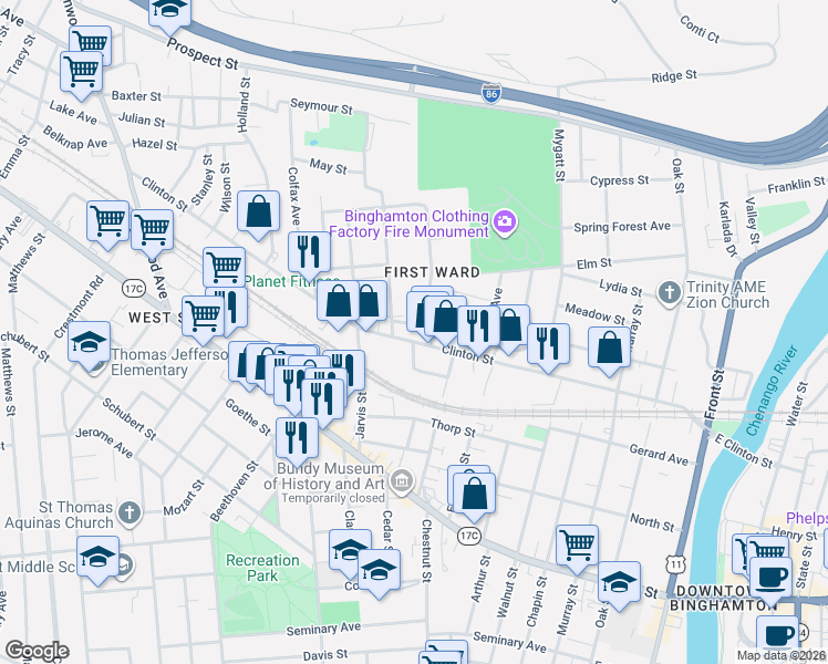 map of restaurants, bars, coffee shops, grocery stores, and more near 1 West Street in Binghamton