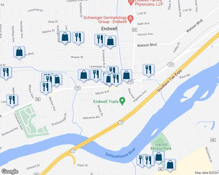 map of restaurants, bars, coffee shops, grocery stores, and more near 3218 County Road 26 in Endwell