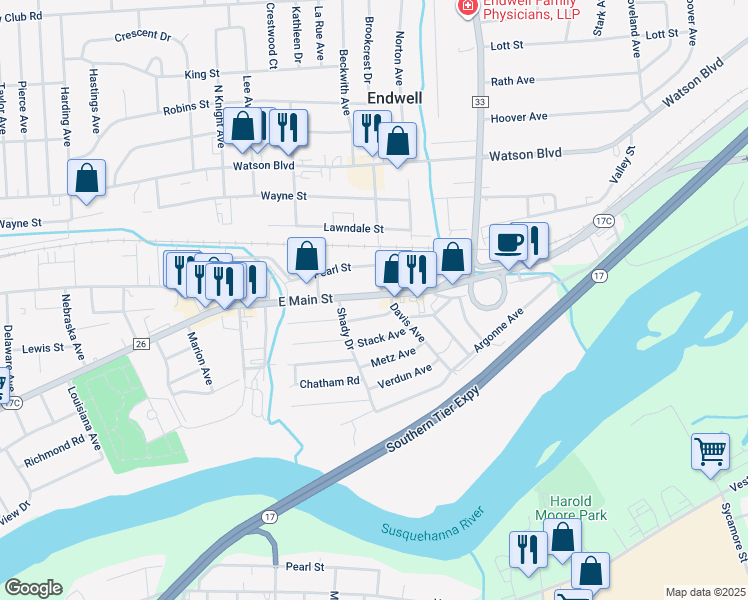 map of restaurants, bars, coffee shops, grocery stores, and more near 3218 County Road 26 in Endwell