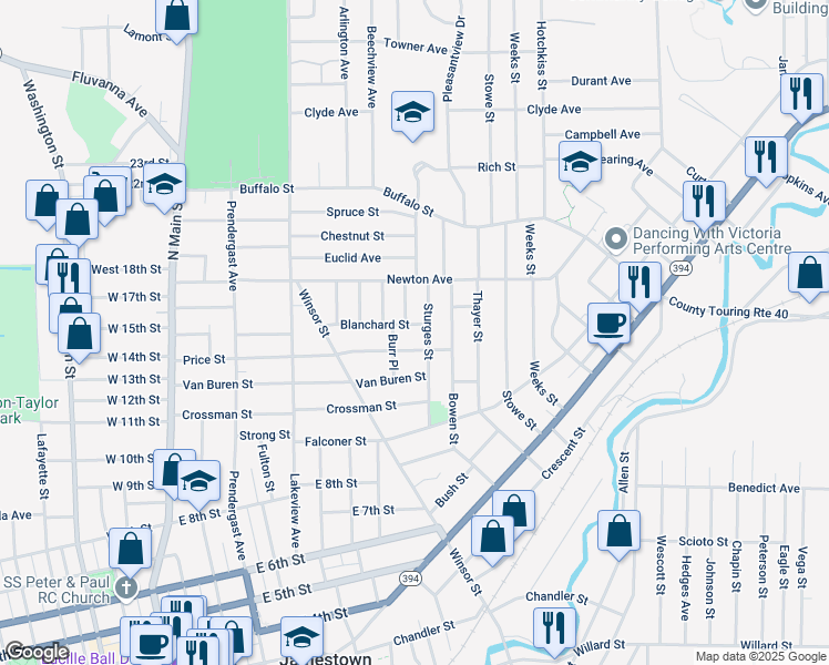 map of restaurants, bars, coffee shops, grocery stores, and more near 79 Sturges Street in Jamestown