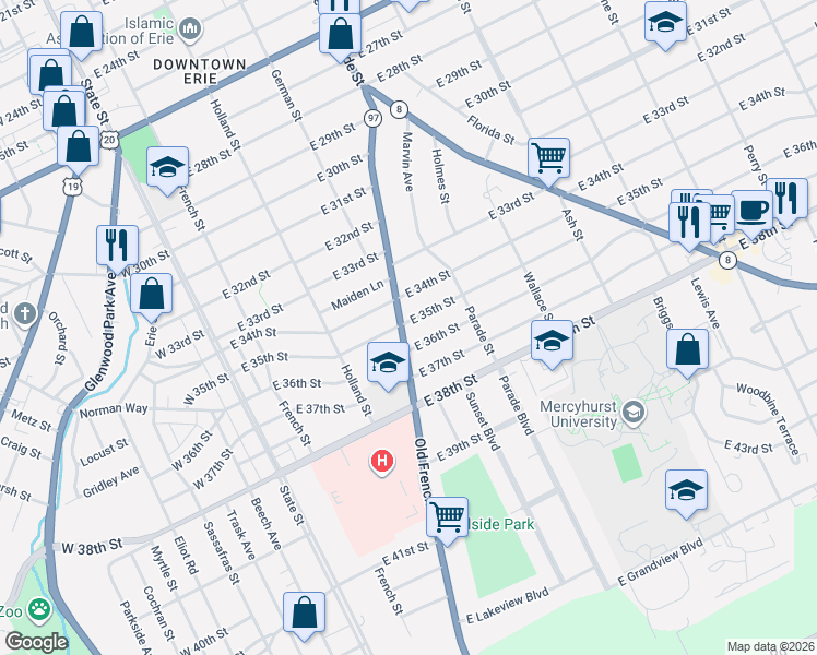 map of restaurants, bars, coffee shops, grocery stores, and more near 3422 Old French Rd in Erie