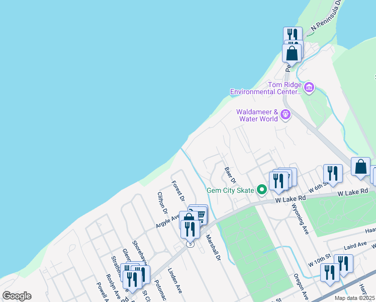 map of restaurants, bars, coffee shops, grocery stores, and more near 3299 Lake Front Dr in Erie