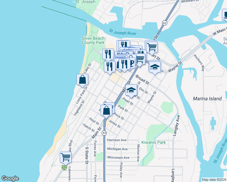 map of restaurants, bars, coffee shops, grocery stores, and more near 617 State Street in St. Joseph