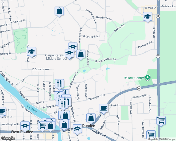 map of restaurants, bars, coffee shops, grocery stores, and more near 421 Lakeshore Court in St. Charles