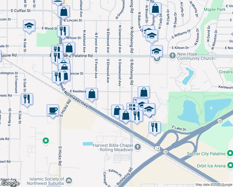 map of restaurants, bars, coffee shops, grocery stores, and more near 202 South Greenwood Avenue in Palatine