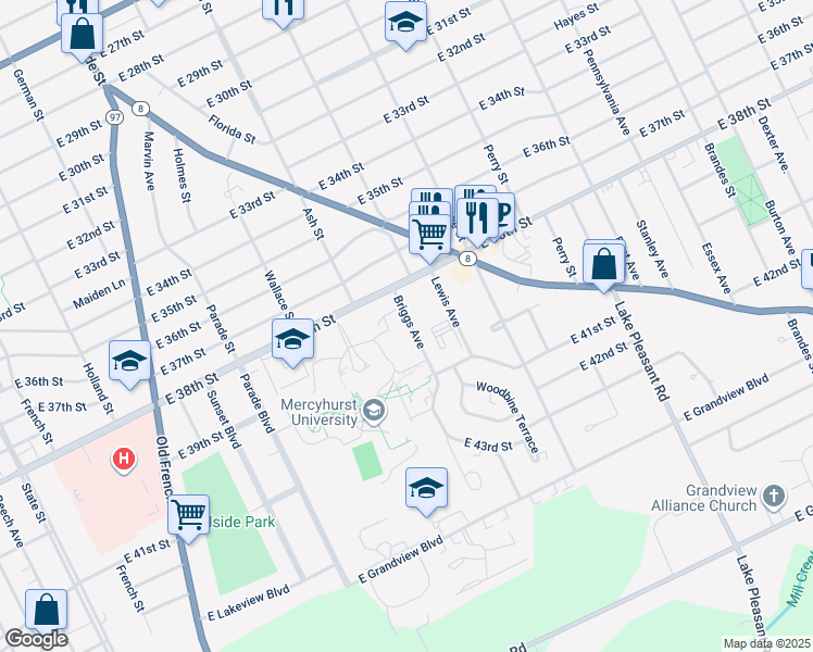 map of restaurants, bars, coffee shops, grocery stores, and more near in Erie