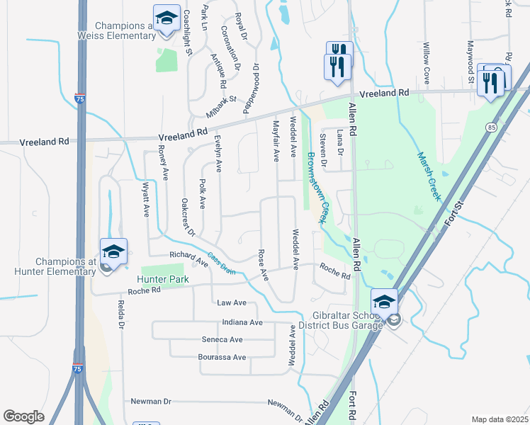 map of restaurants, bars, coffee shops, grocery stores, and more near 27505 Rose Avenue in Brownstown Charter Township