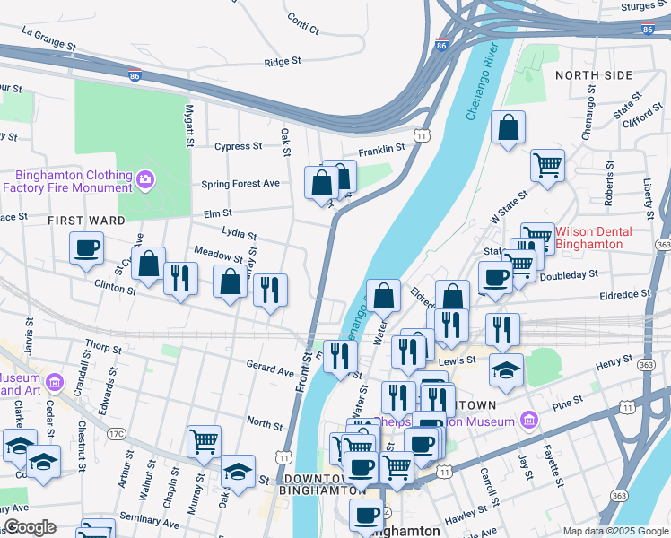 map of restaurants, bars, coffee shops, grocery stores, and more near 246 Front Street in Binghamton
