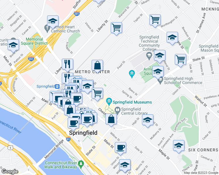 map of restaurants, bars, coffee shops, grocery stores, and more near Salem Street in Springfield