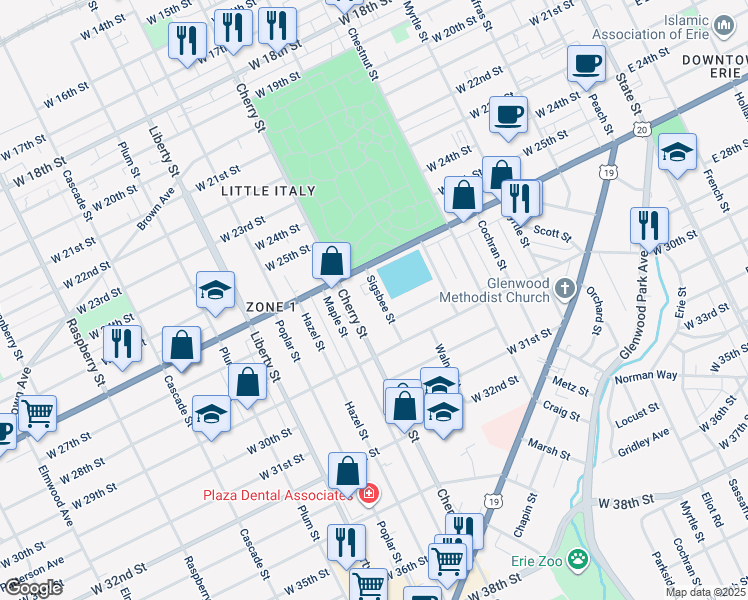 map of restaurants, bars, coffee shops, grocery stores, and more near 2636 Sigsbee Street in Erie