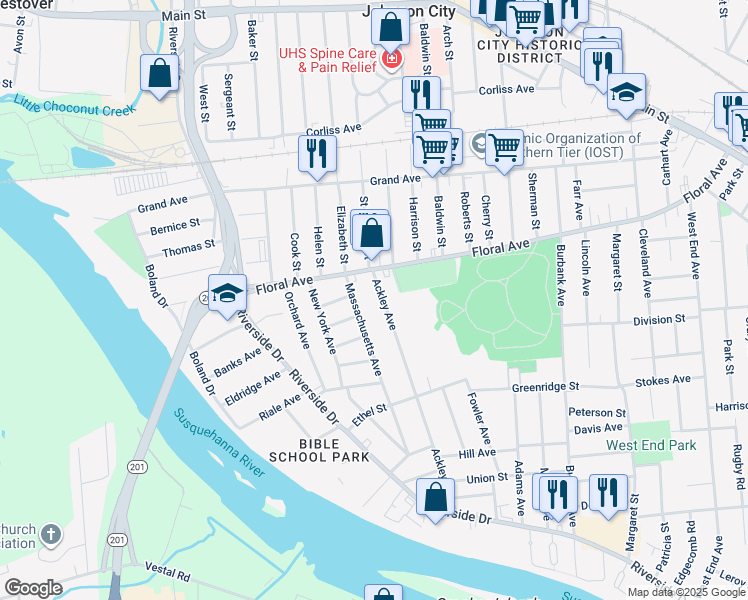map of restaurants, bars, coffee shops, grocery stores, and more near 34 Ackley Avenue in Johnson City