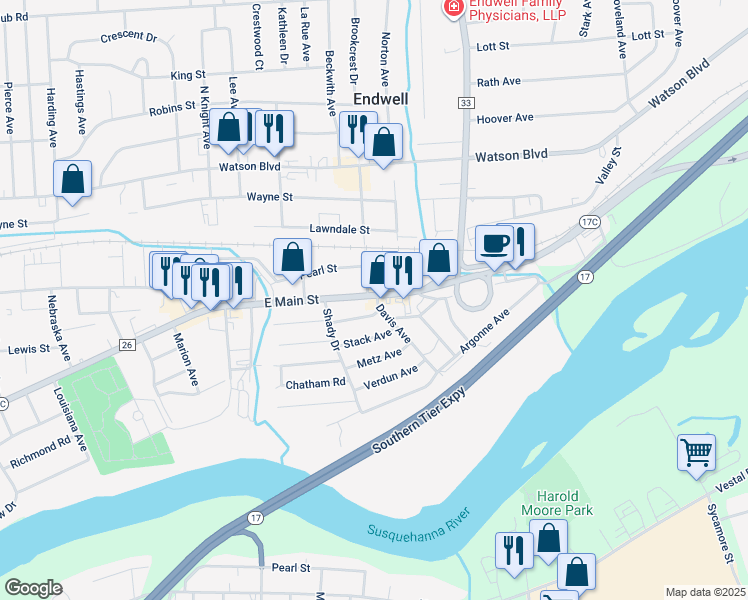 map of restaurants, bars, coffee shops, grocery stores, and more near 3218 County Road 26 in Endwell
