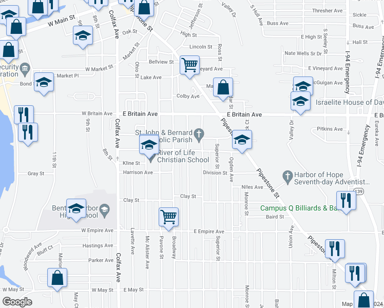 map of restaurants, bars, coffee shops, grocery stores, and more near 346 Catalpa Avenue in Benton Harbor