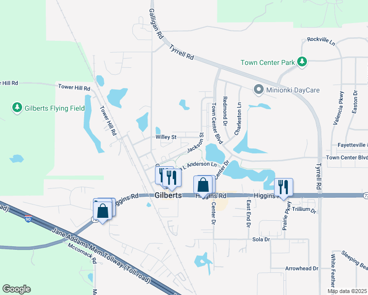 map of restaurants, bars, coffee shops, grocery stores, and more near 182 Jackson Street in Gilberts