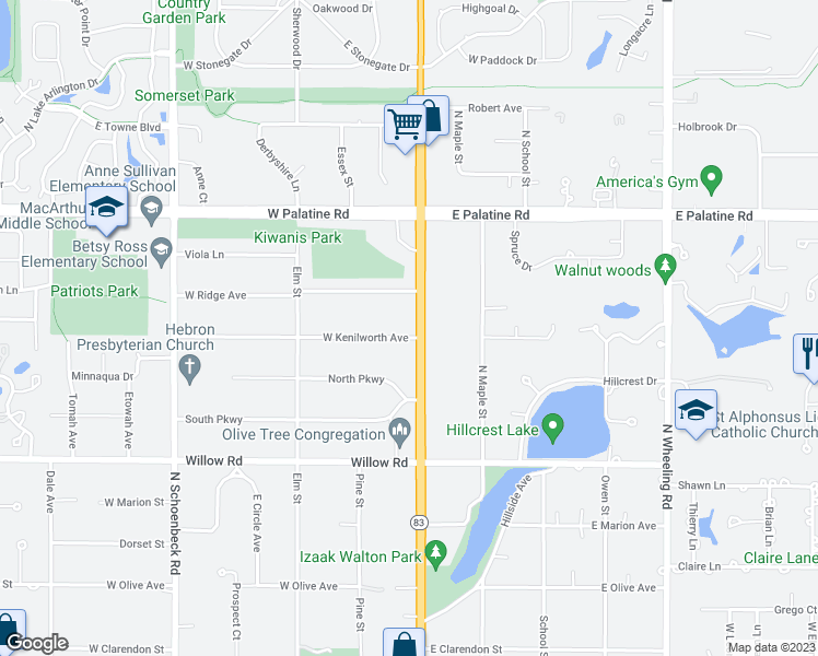 map of restaurants, bars, coffee shops, grocery stores, and more near 600 North Elmhurst Road in Prospect Heights